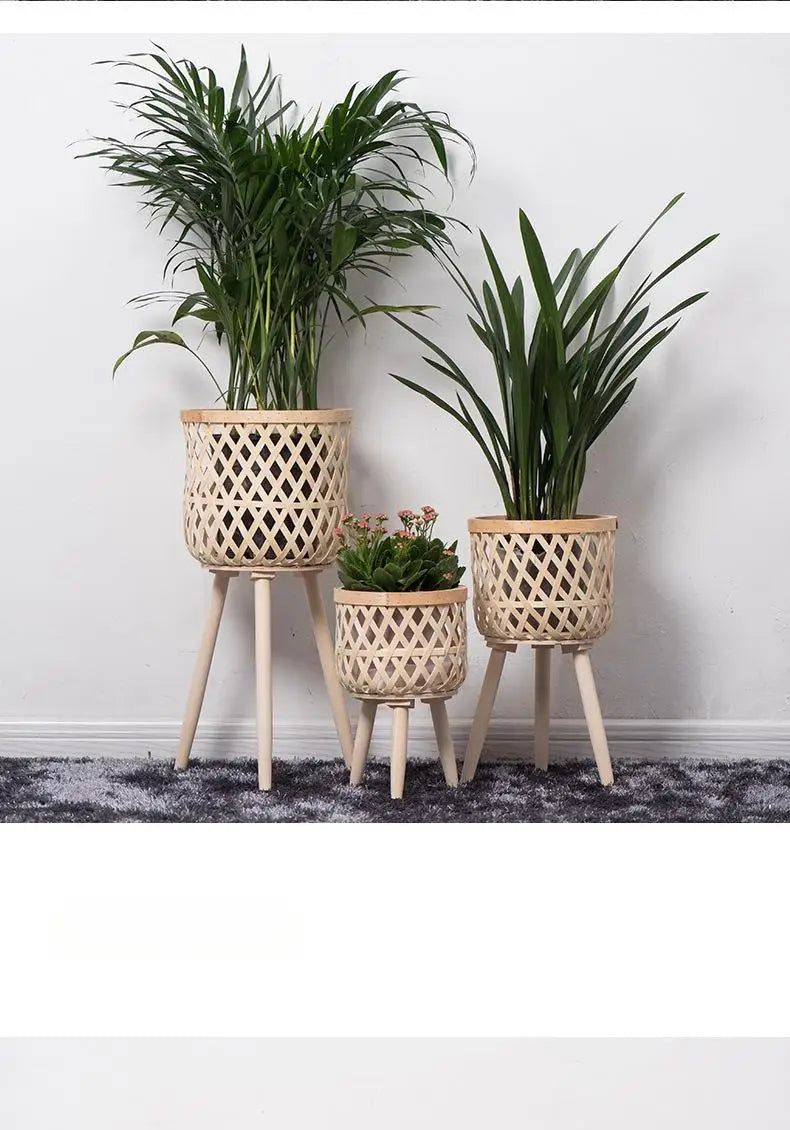 籐製植木鉢・手作り木製・ハイフット・フラワースタンド