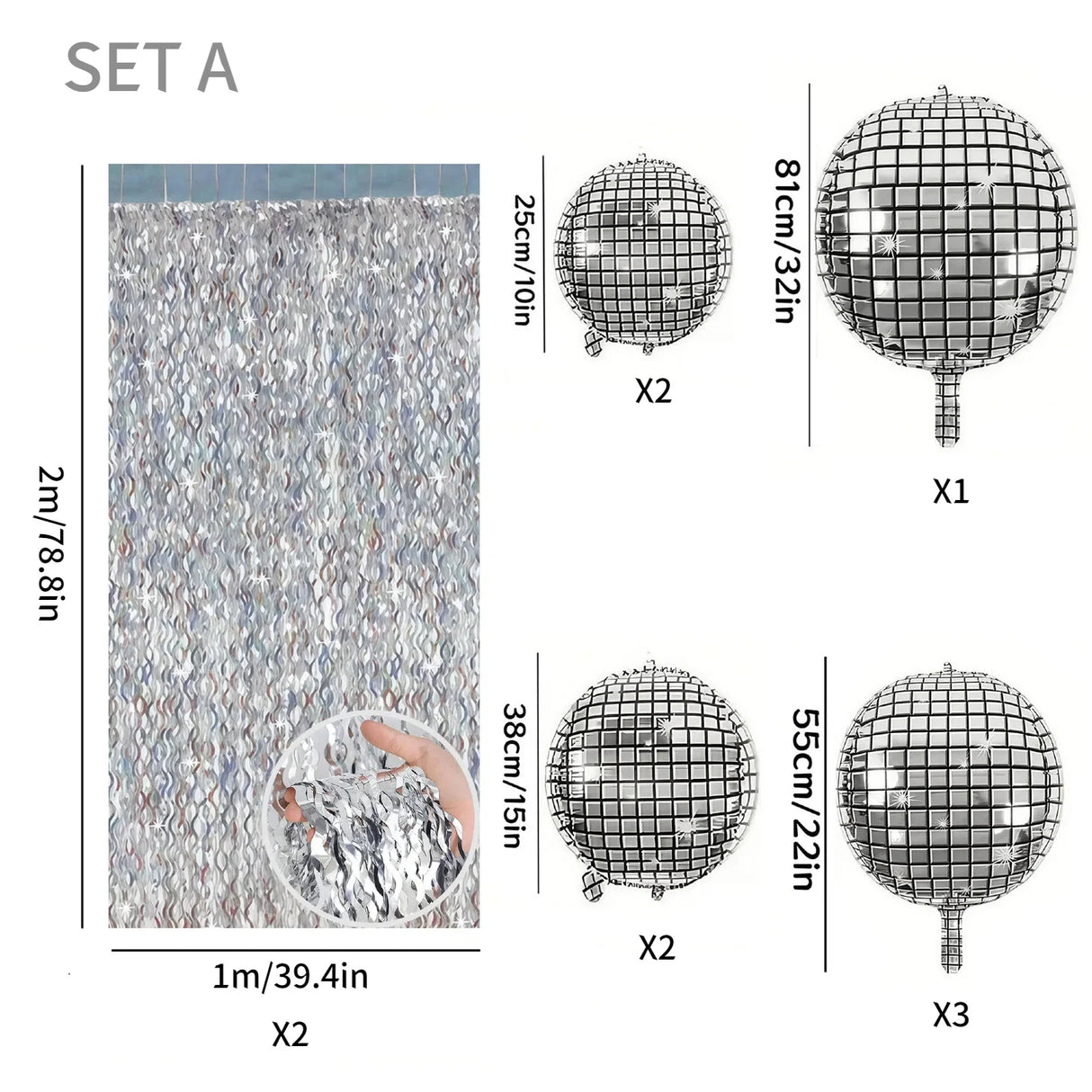 パーティー・インテリア装飾 キラキラ!カーテン+ミラーボールセット シルバー