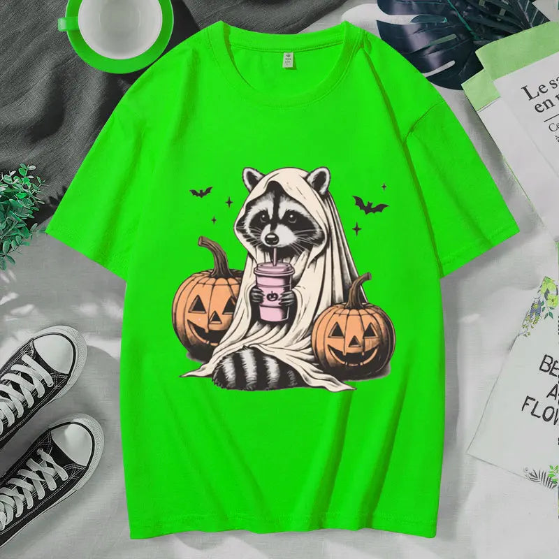 イベント・ハロウィングッズ| メンズ アライグマゴースト柄Tシャツ(XS~3XL)