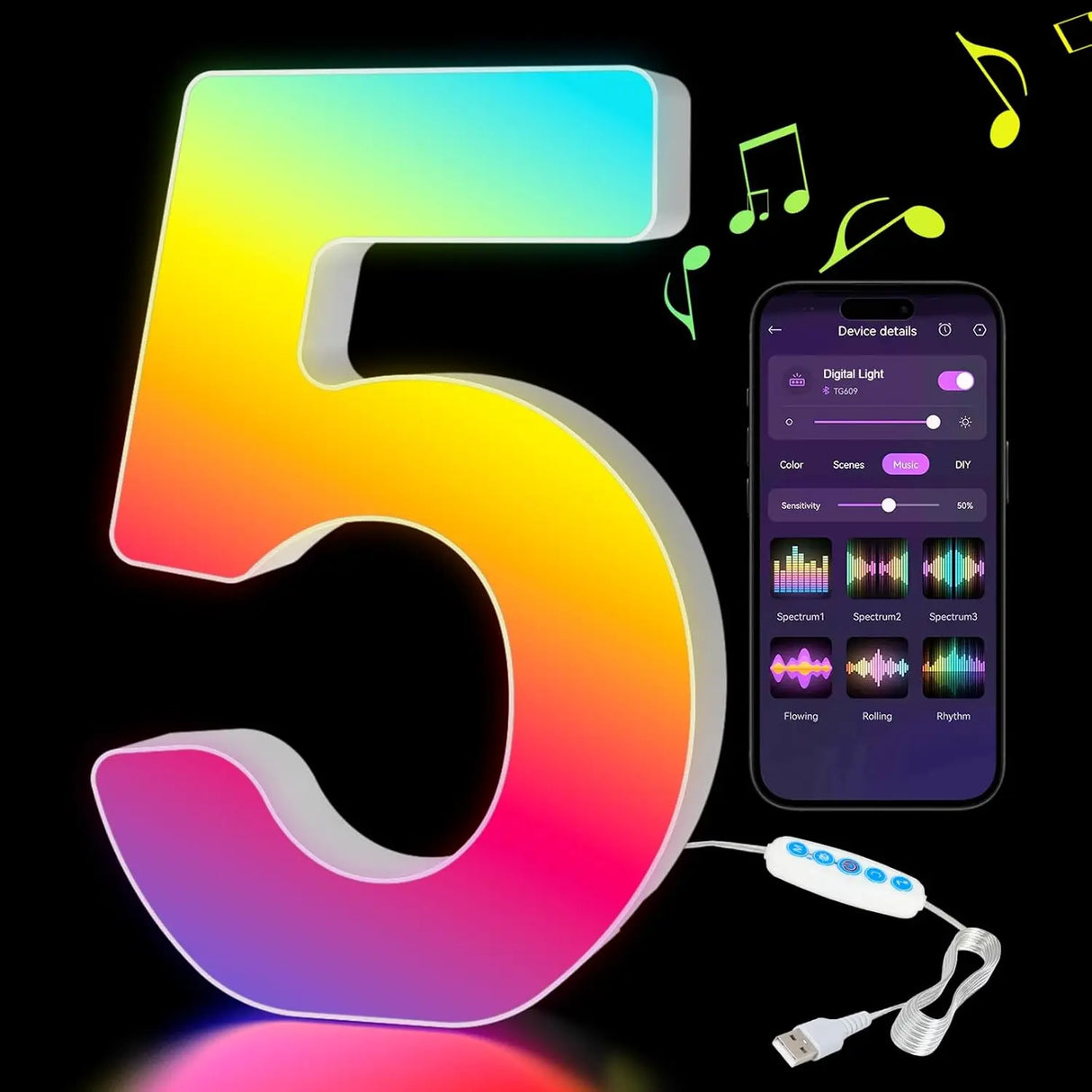 【LED装飾】LEDライト・デコレーションライト(数字/アルファベット)調光可能 レインボーカラー