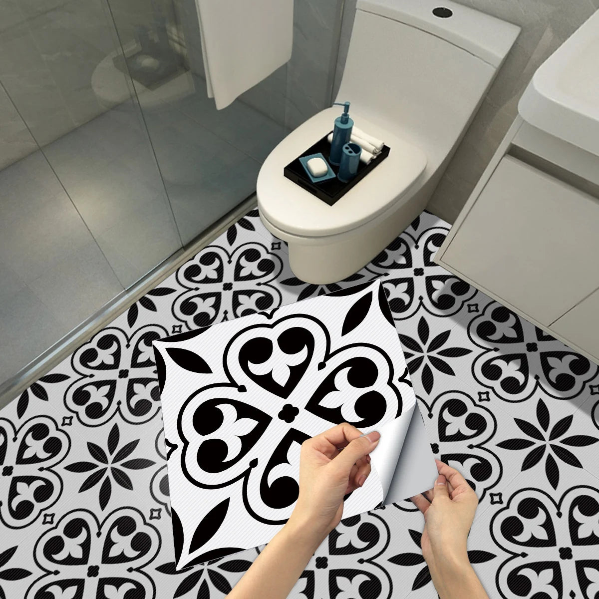 DIYフロアシート モノトーンタイル風 ステッカー 4枚入 モダン