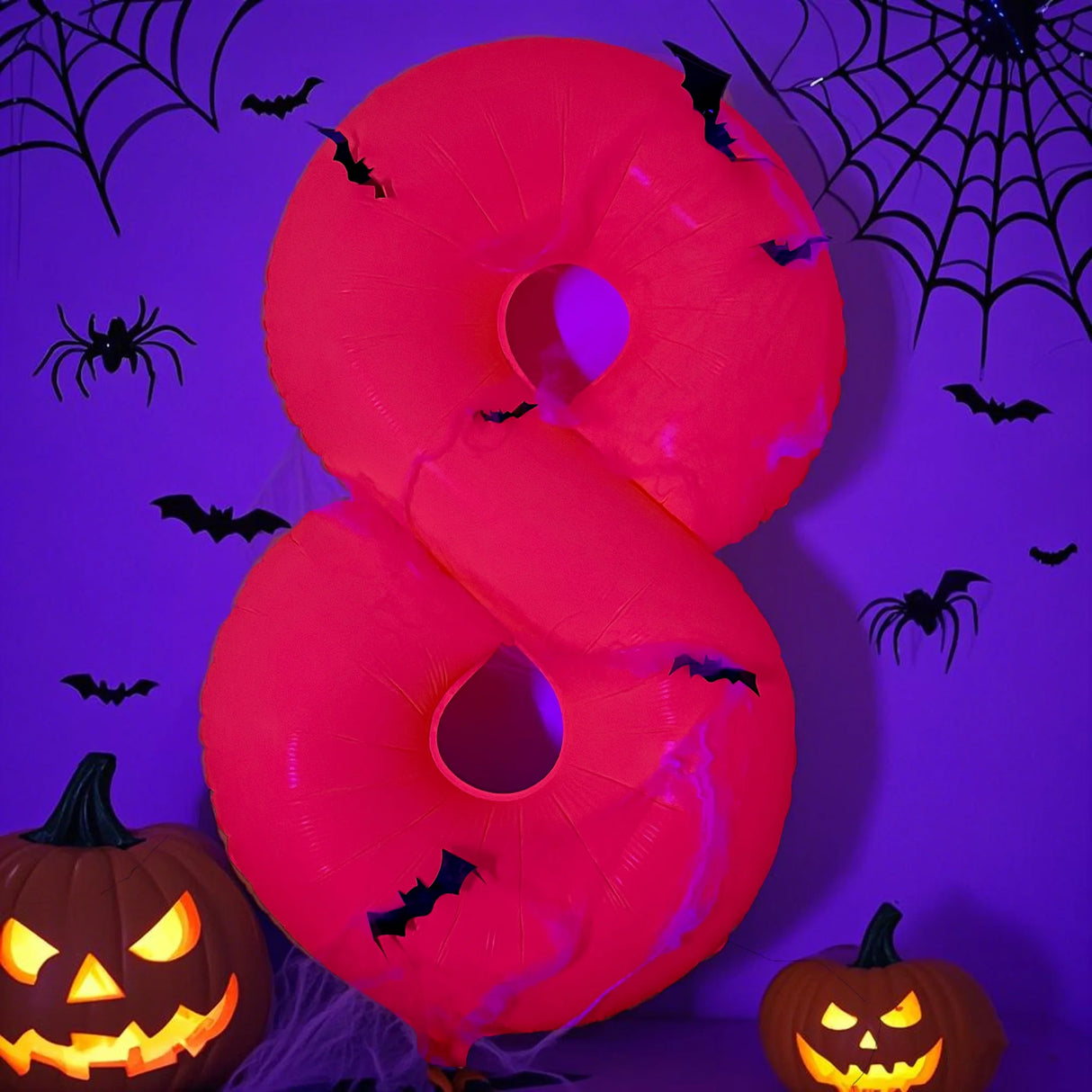 イベント・パーティー装飾|蛍光色数字型バルーン&コウモリ&クモの巣セット(3個)