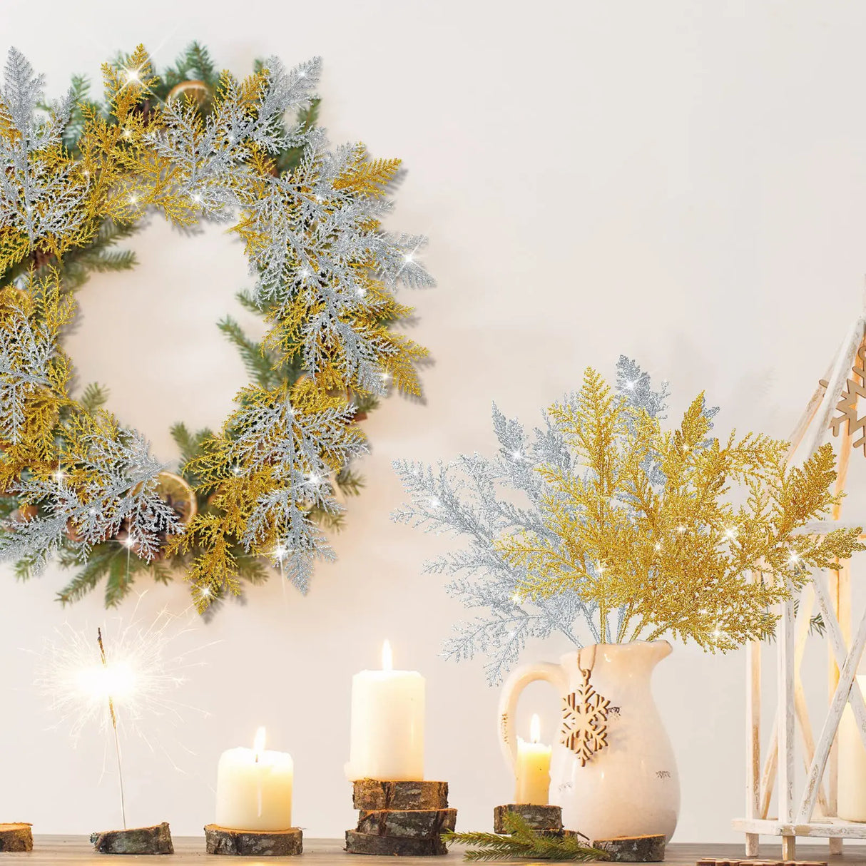 キラキラ光る人工松の枝・フェイク植物・クリスマスツリーオーナメント・ゴールドのキラキラ光るスパンコールの葉