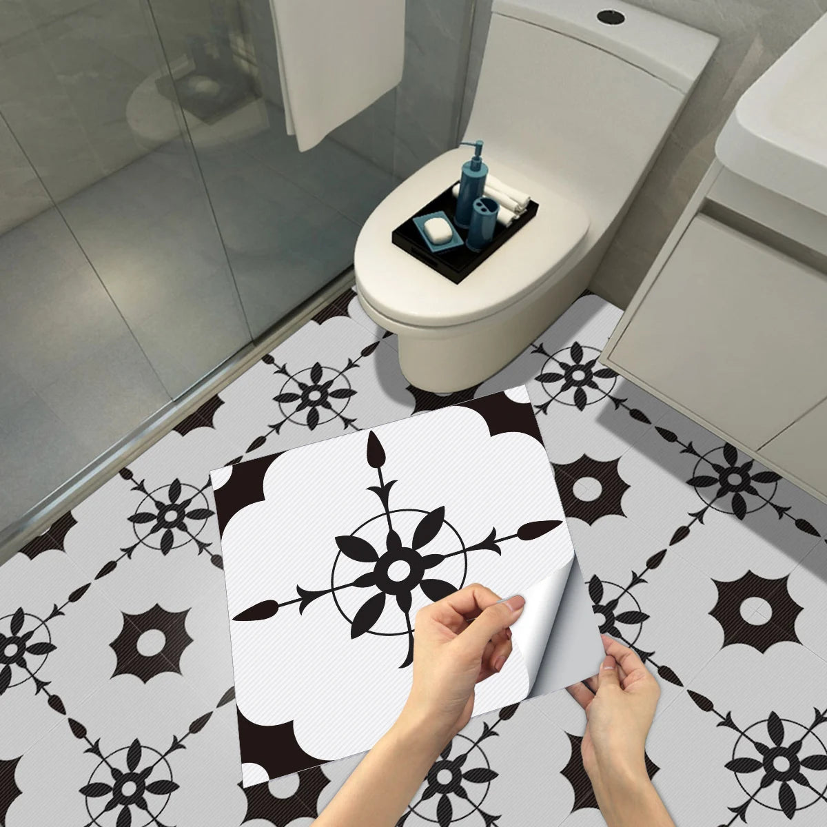 DIYフロアシート モノトーンタイル風 ステッカー 4枚入 モダン