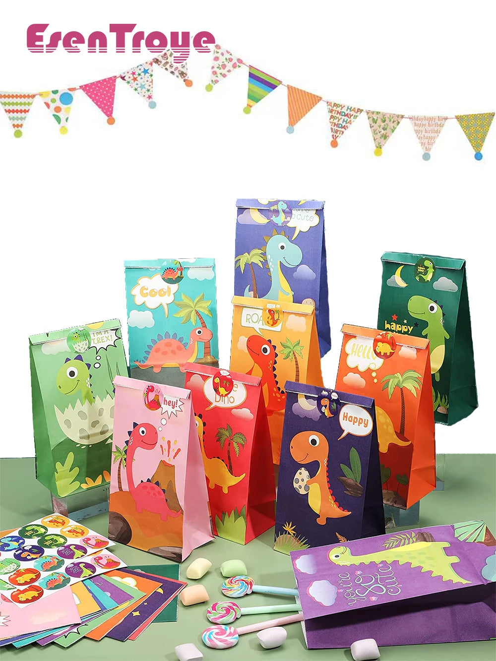 |ノベルティ用品 | ステッカー付恐竜プリント紙バッグ12個セット | W13×H24×D8