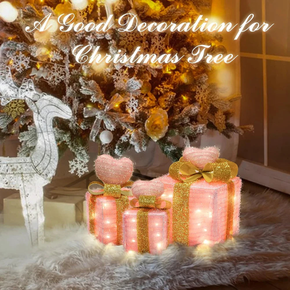 モチーフライト|イベント・クリスマス装飾|ピンクハート型 ライト付ギフトボックス