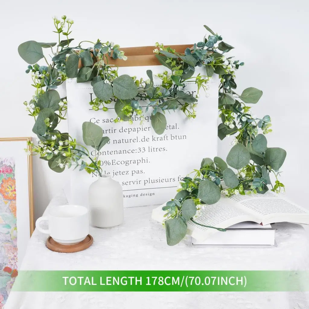 フェイクユーカリラタン人工植物つるグリーン柳の葉シルクアイビー壁掛けガーランドホームウェディングパーティー装飾