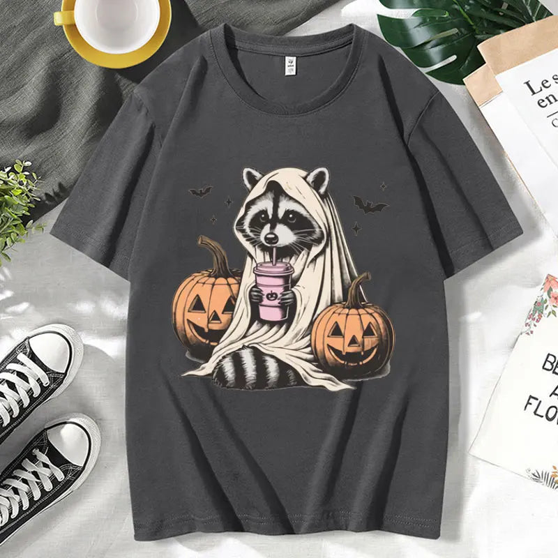 イベント・ハロウィングッズ| メンズ アライグマゴースト柄Tシャツ(XS~3XL)