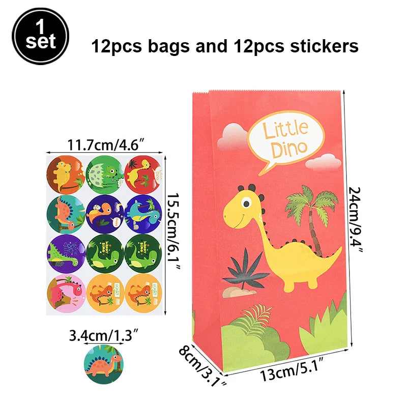 |ノベルティ用品 | ステッカー付恐竜プリント紙バッグ12個セット | W13×H24×D8