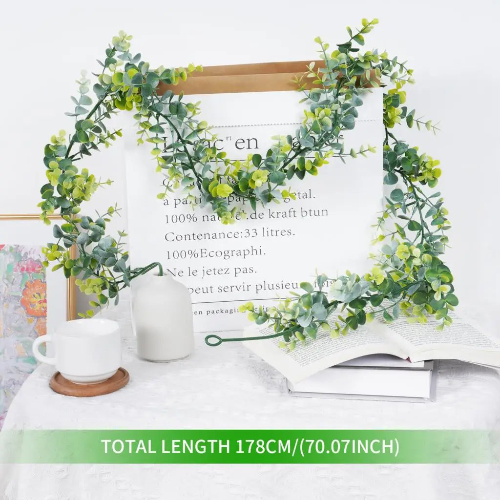 フェイクユーカリラタン人工植物つるグリーン柳の葉シルクアイビー壁掛けガーランドホームウェディングパーティー装飾