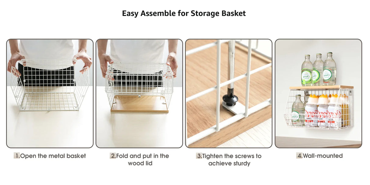 木製蓋付きワイヤーバスケット収納