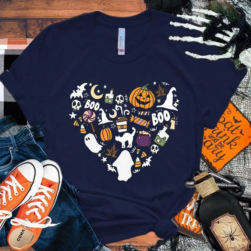 イベント・ハロウィングッズ|レディース パンプキンハート柄 Tシャツ(XS~4XL)