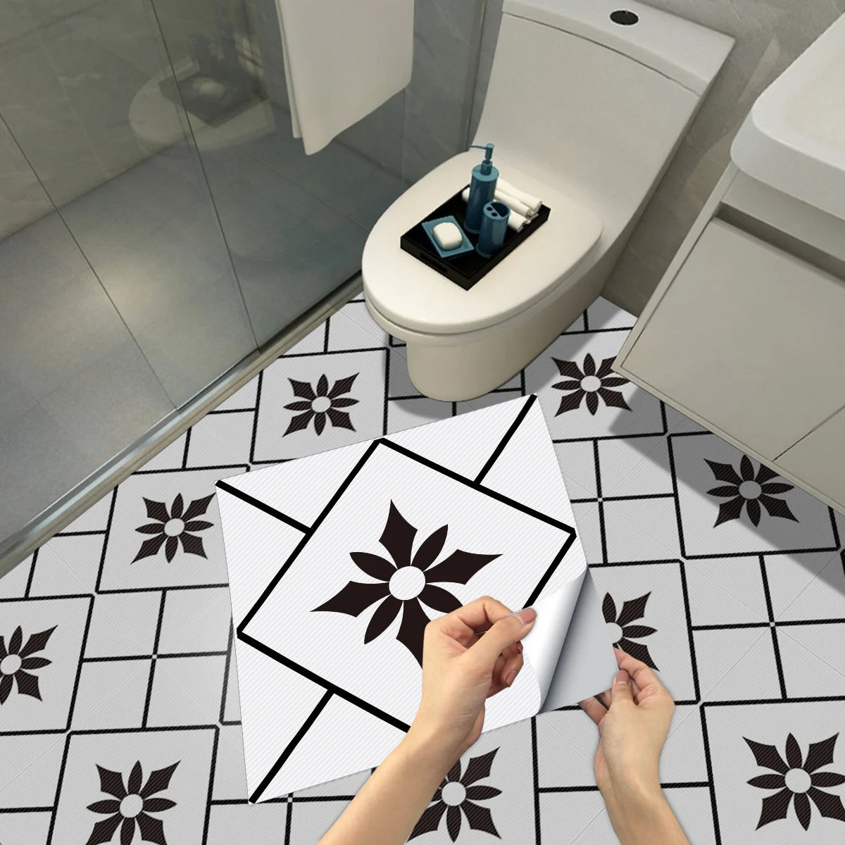 DIYフロアシート モノトーンタイル風 ステッカー 4枚入 モダン