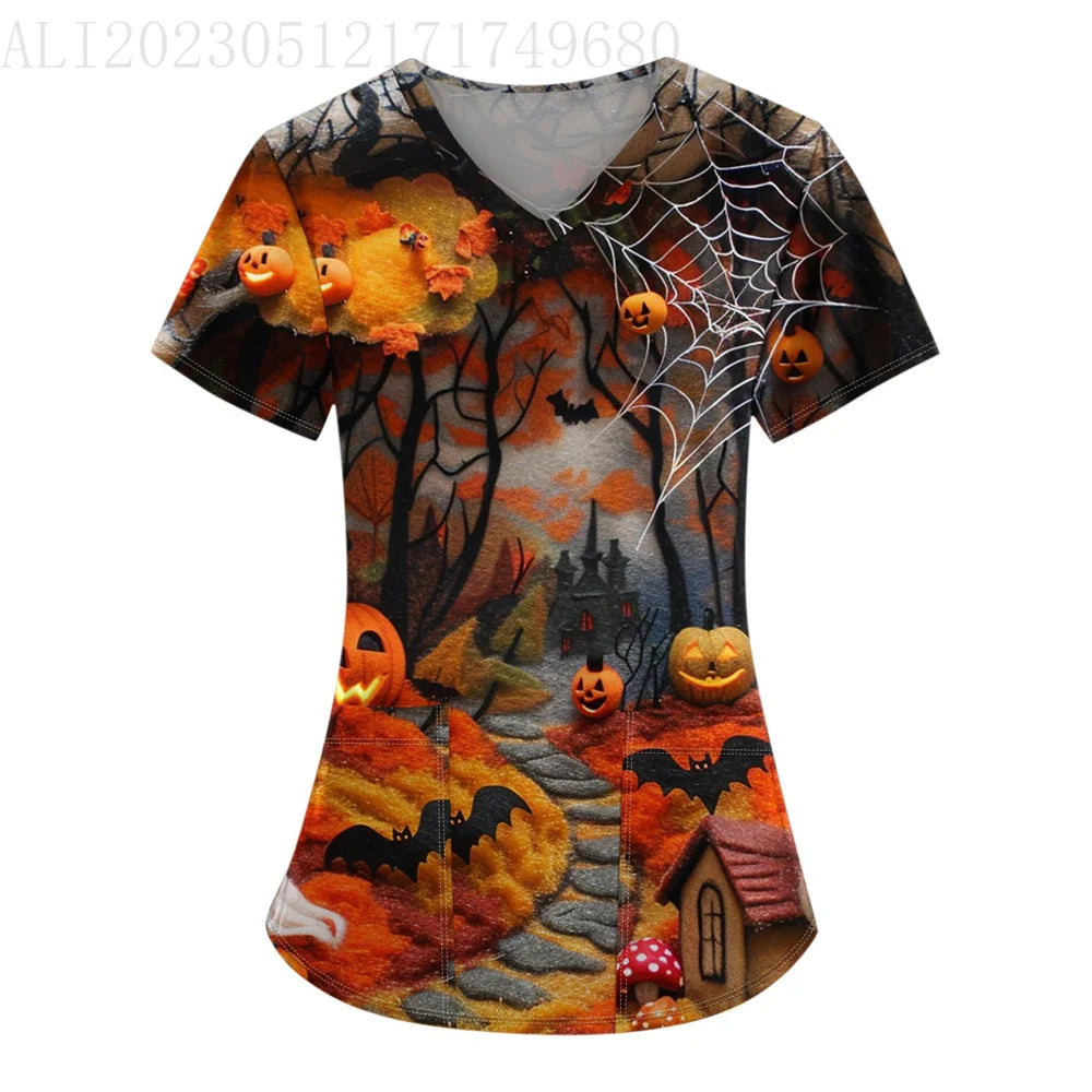 イベント・ハロウィングッズ|ハロウィン総柄プリントVネックTシャツ(S~5XL)