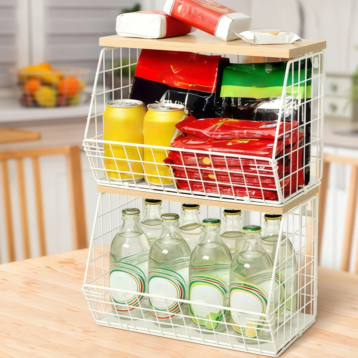 木製蓋付きワイヤーバスケット収納