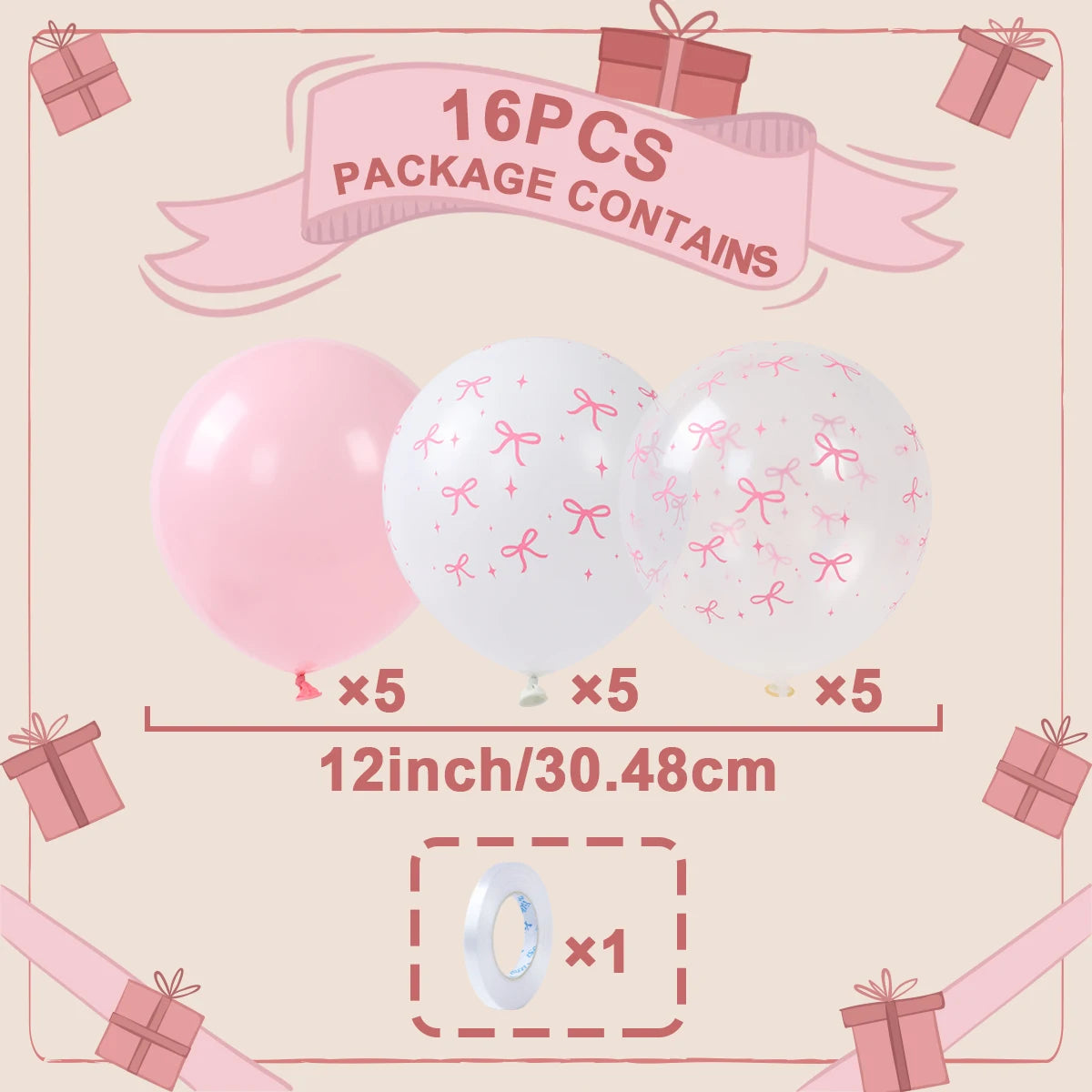 ピンクリボン付きラテックスバルーンセット