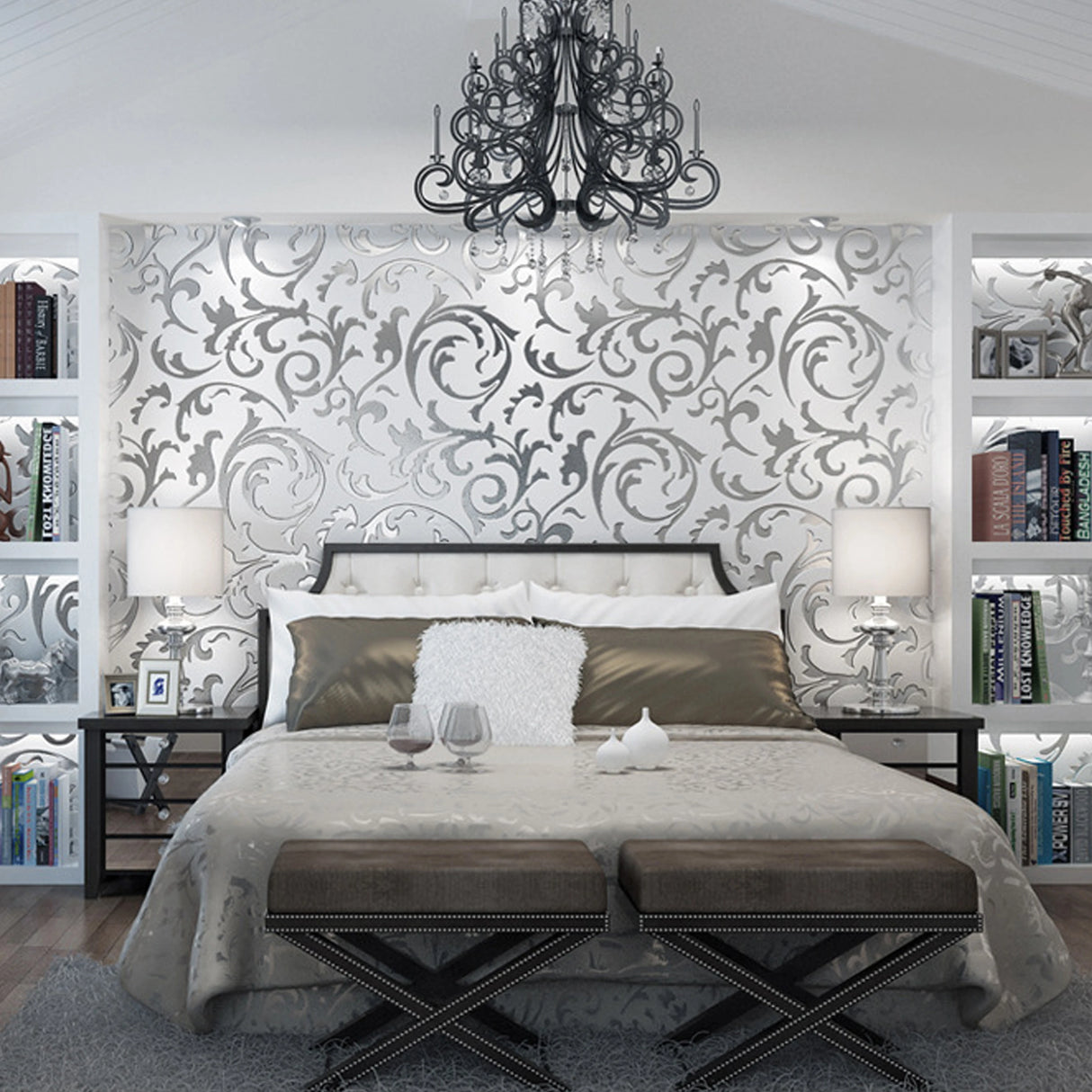 壁面装飾 ダマスク柄壁紙シート 53c幅×9.5M 防湿・防カビ機能