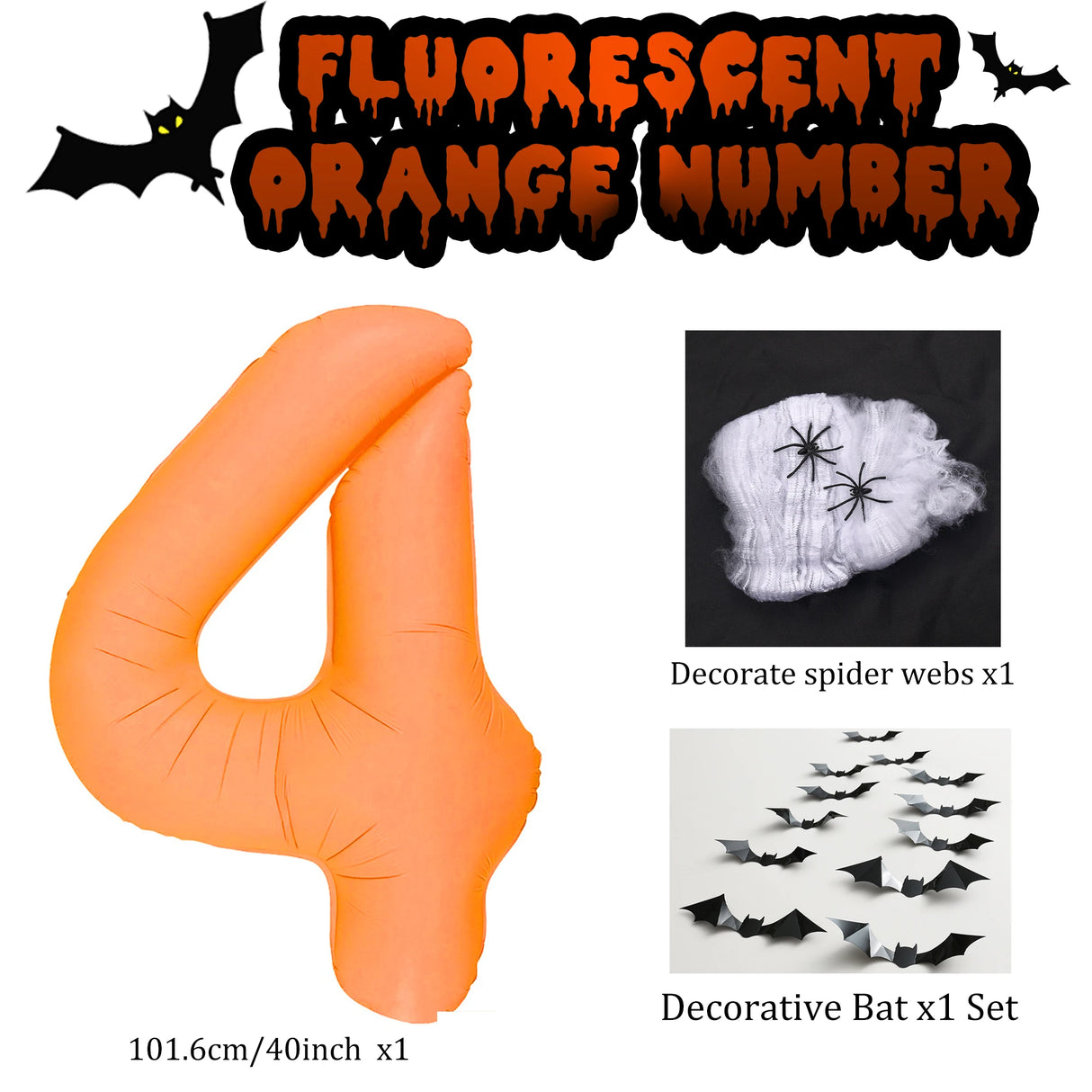 イベント・パーティー装飾|蛍光色数字型バルーン&コウモリ&クモの巣セット(3個)