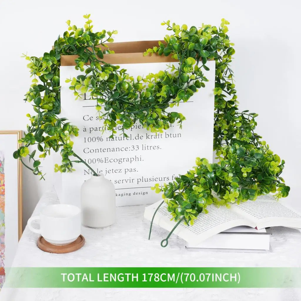 フェイクユーカリラタン人工植物つるグリーン柳の葉シルクアイビー壁掛けガーランドホームウェディングパーティー装飾