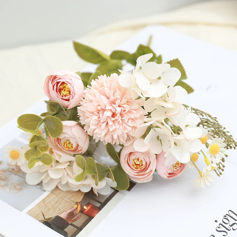 パーティー・インテリア装飾|シルク造花ローズ・ひまわり・アジサイセット(長さ約30㎝)