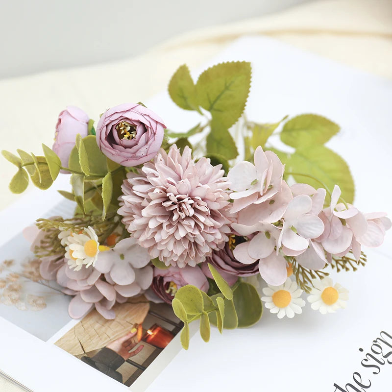 パーティー・インテリア装飾|シルク造花ローズ・ひまわり・アジサイセット(長さ約30㎝)