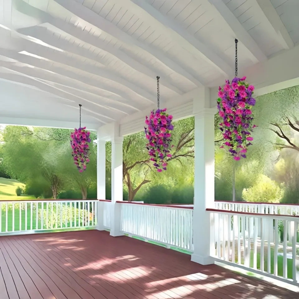 【2本セット】UV耐性・防水仕様 人工モーニンググローリー&ユーカリ ハンギング装飾