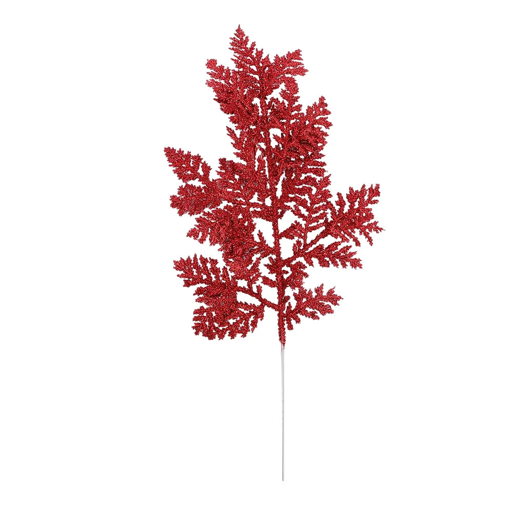 キラキラ光る人工松の枝・フェイク植物・クリスマスツリーオーナメント・ゴールドのキラキラ光るスパンコールの葉