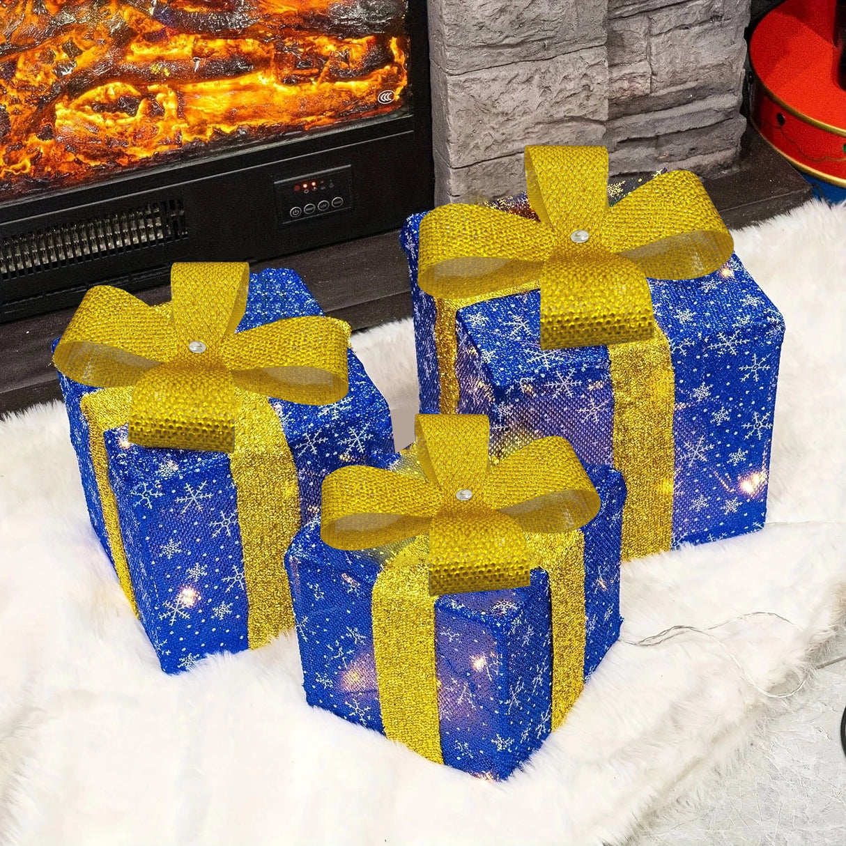 モチーフライト|イベント・クリスマス装飾|LEDリボン付きクリスマスギフトボックス(3個セット)