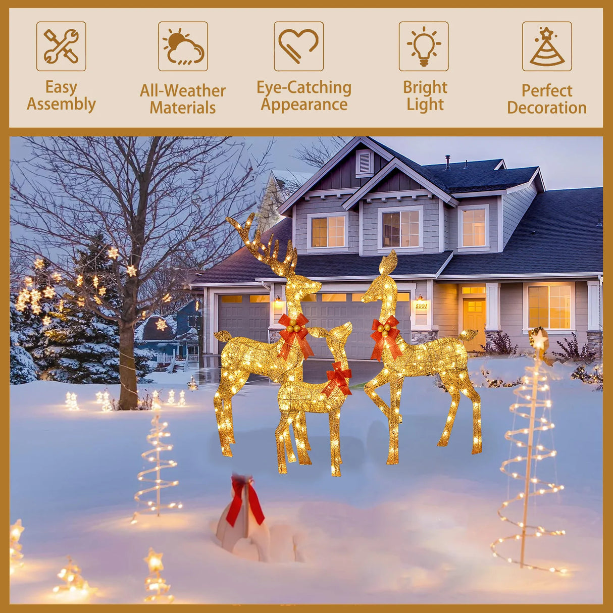 モチーフライト|イベント・クリスマス装飾|屋外用LDEライト付きトナカイセット(3体)