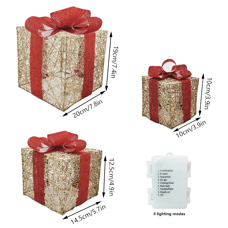 モチーフライト|イベント・クリスマス装飾|LEDリボン付きクリスマスギフトボックス(3個セット)