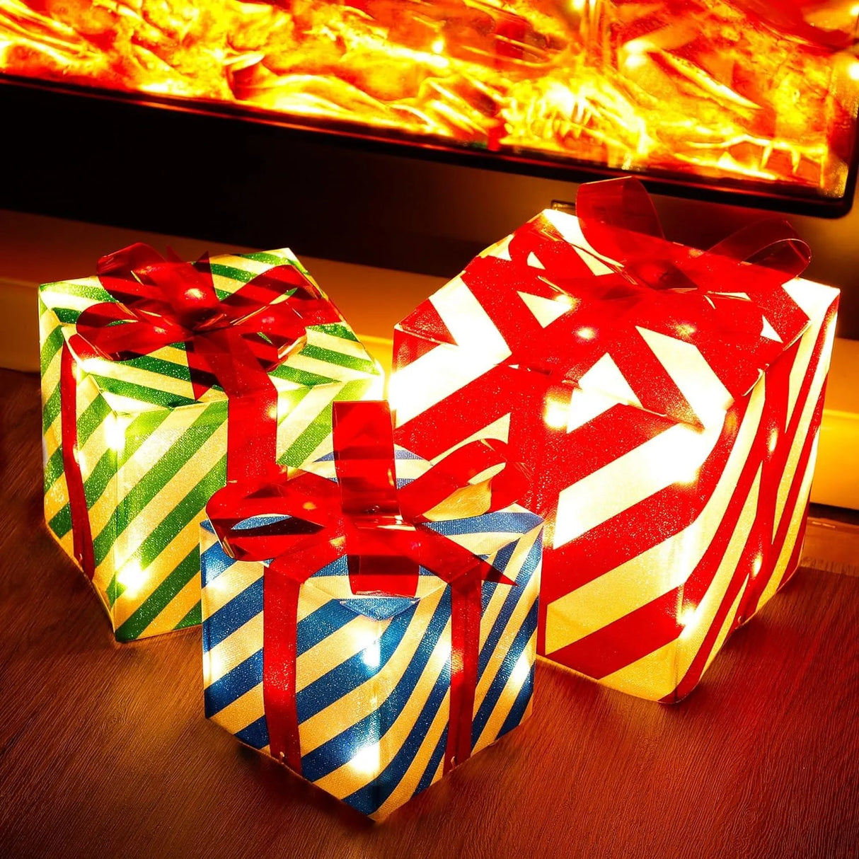 モチーフライト|イベント・クリスマス装飾|LED付きクリスマスギフトボックスセット(3個セット)