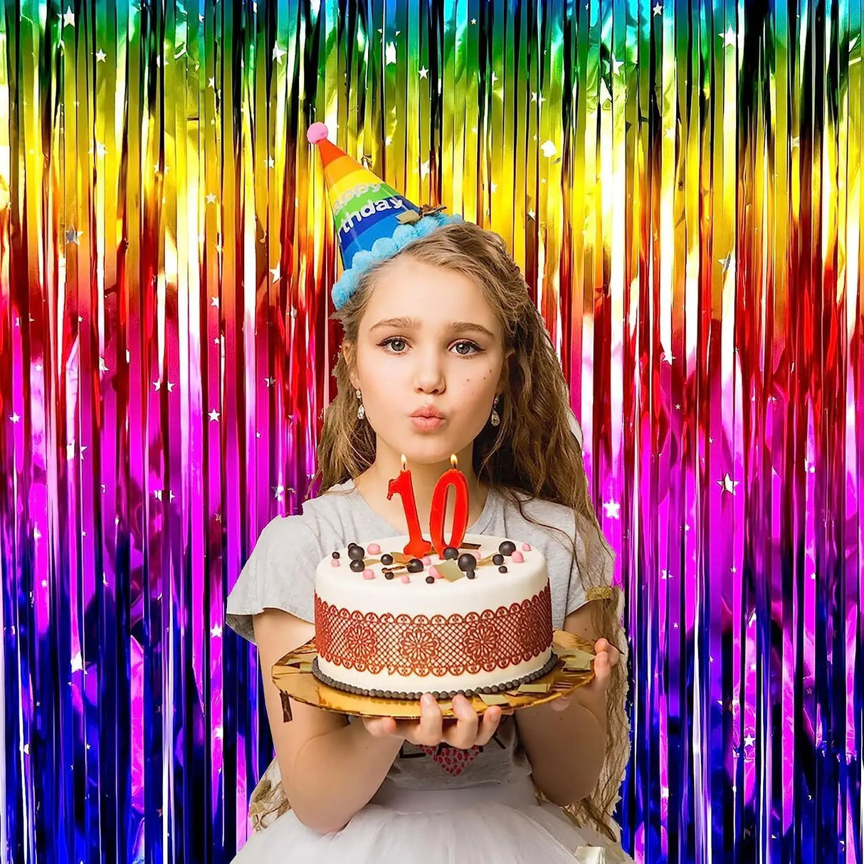 イベント・クリスマス装飾|レインボーグラデーションティンセルカーテン