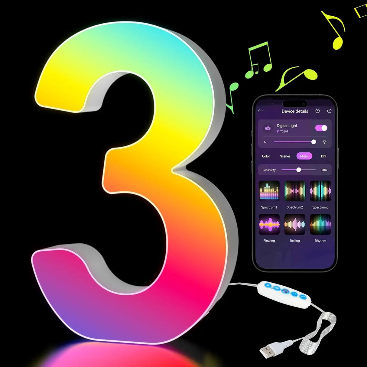 【LED装飾】LEDライト・デコレーションライト(数字/アルファベット)調光可能 レインボーカラー