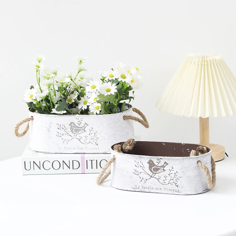 フラワーポットクリエイティブレトロオーバルミニバケツ錬鉄製メタル装飾フラワーポット屋内ルーム