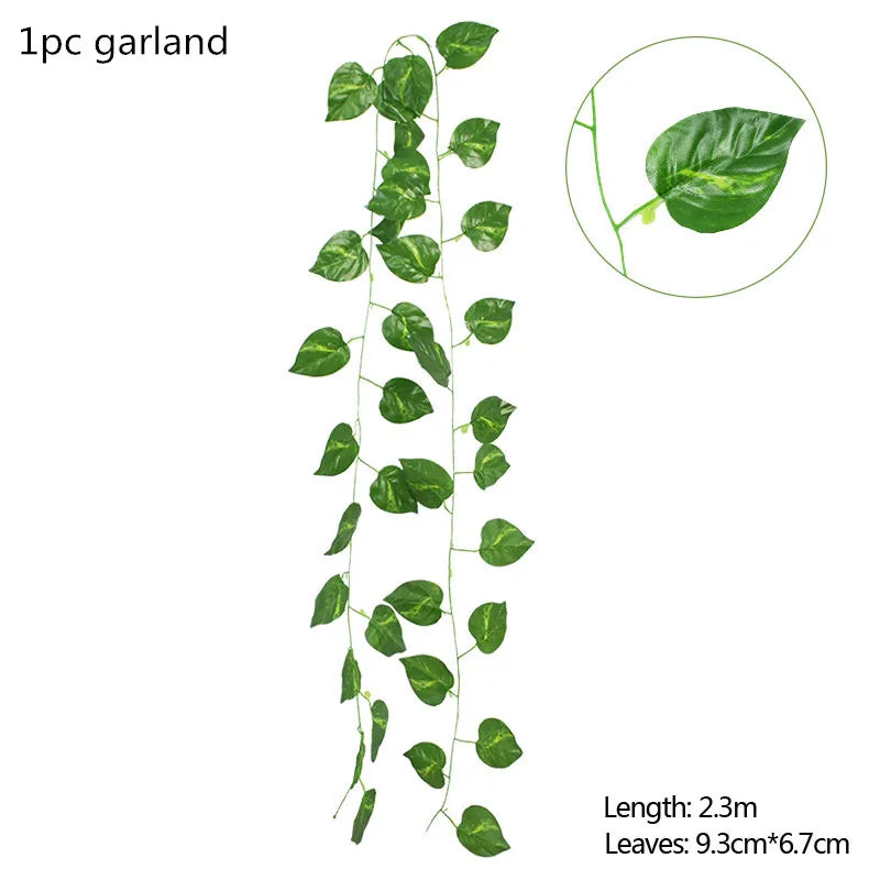 グリーンユーカリの葉ガーランド・藤の造花・ラタンフェイク植物・シルクの葉つる