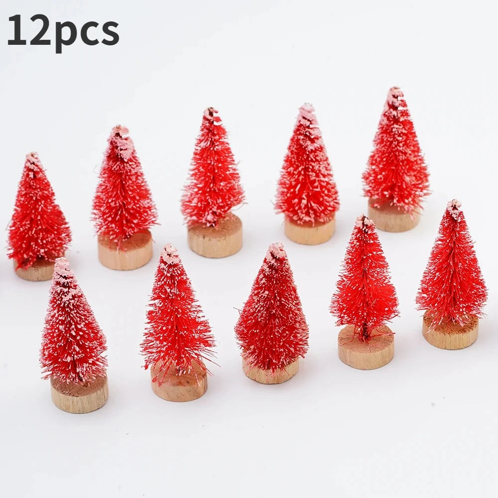 ミニ人工クリスマスツリー・12個パック・木製ベース付き・DIYクラフトやホリデーホームデコレーションに最適な卓上ボトルブラシツリー
