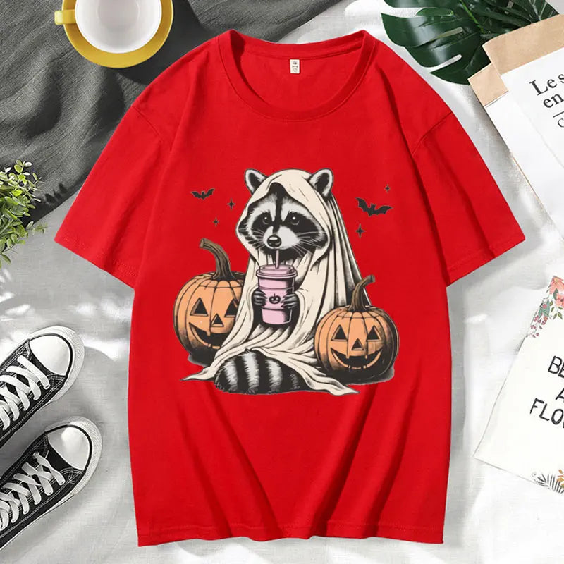イベント・ハロウィングッズ| メンズ アライグマゴースト柄Tシャツ(XS~3XL)