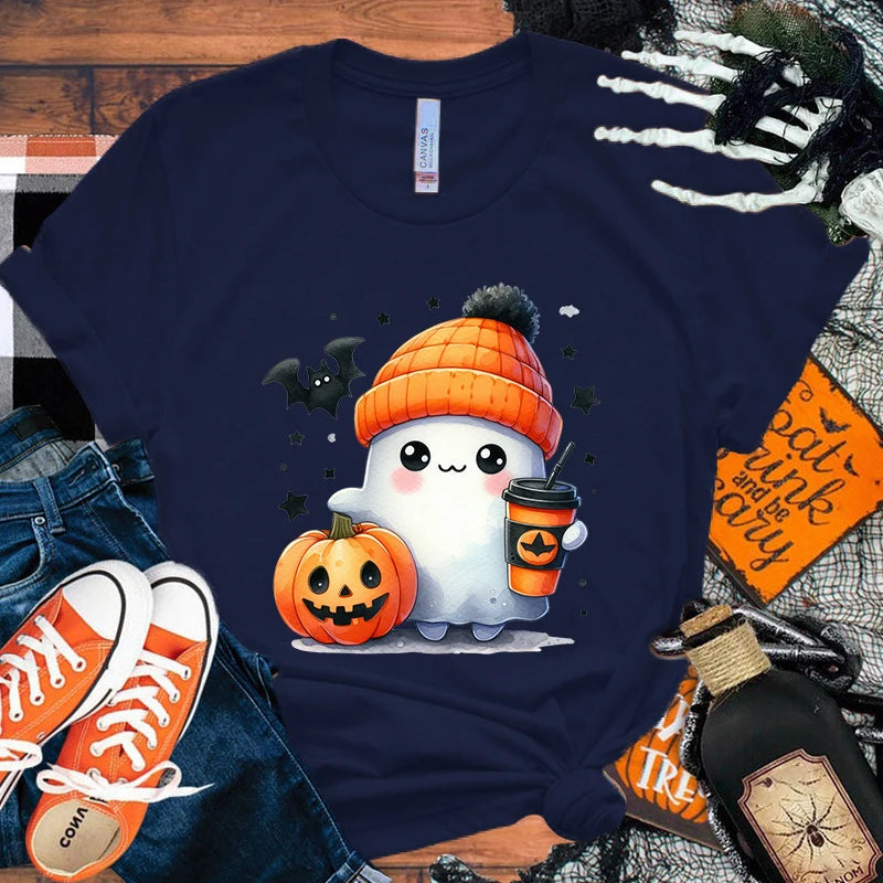 イベント・ハロウィングッズ|キュートなゴースト&パンプキン柄Tシャツ(XXS~4XL)
