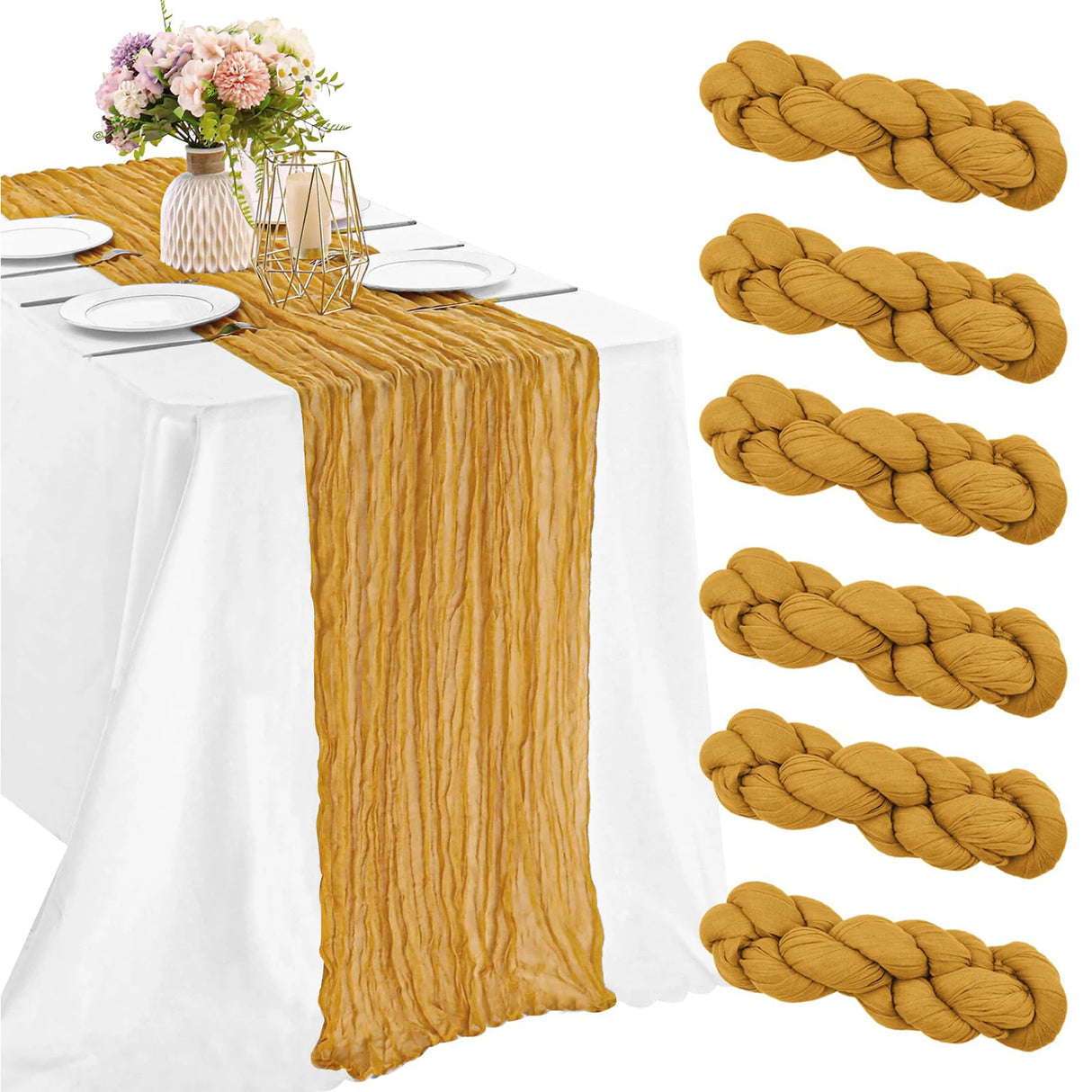 インテリア・パーティ装飾 | ワッシャー加工テーブルランナー6枚セット | 全長1.8m/3.4m/4m