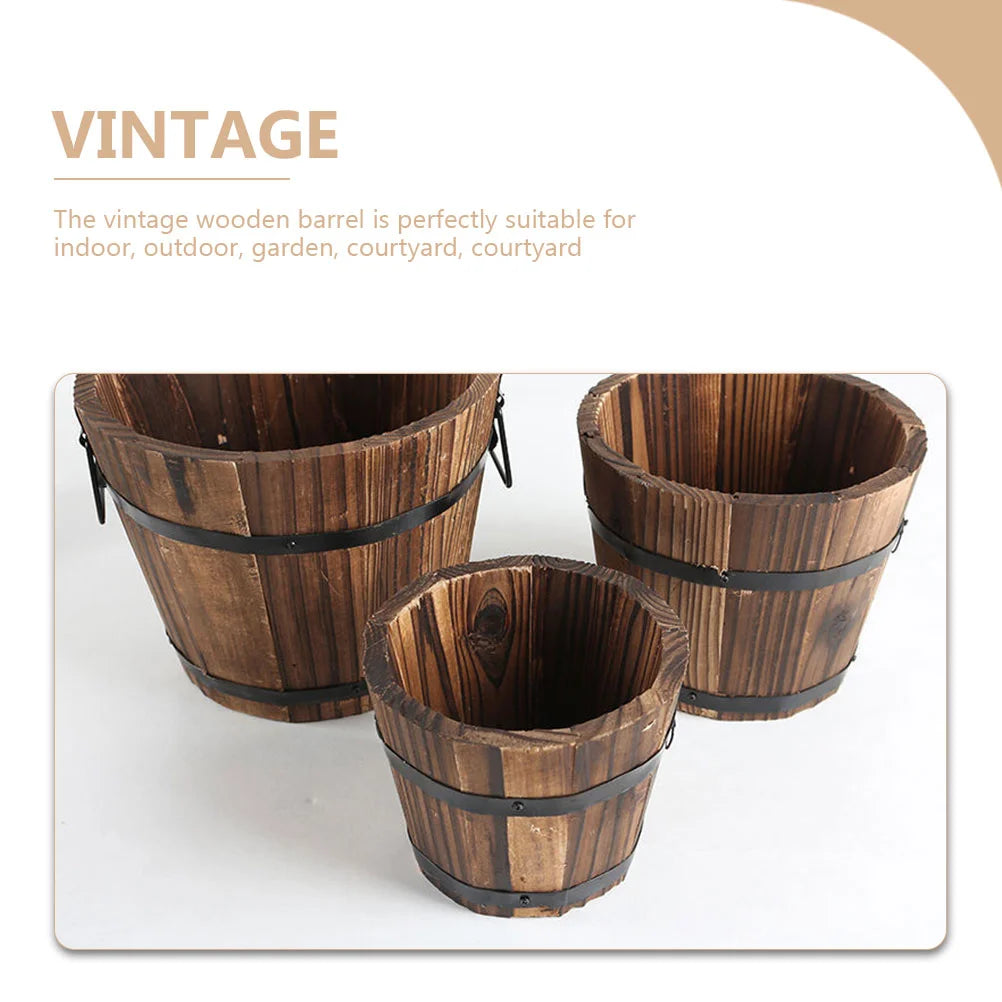 素朴な木製植木鉢バレルプランター(ハンドル付き)多肉植物用ヴィンテージ木製プランターサボテン園芸用品植物コンテナ