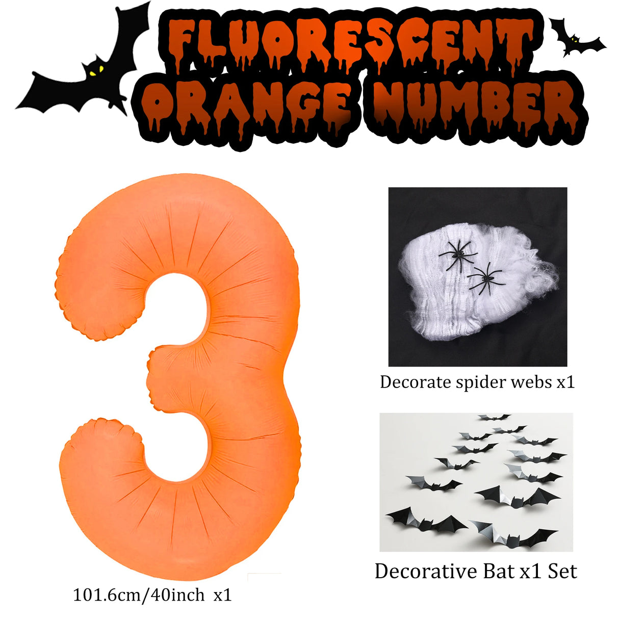 イベント・パーティー装飾|蛍光色数字型バルーン&コウモリ&クモの巣セット(3個)