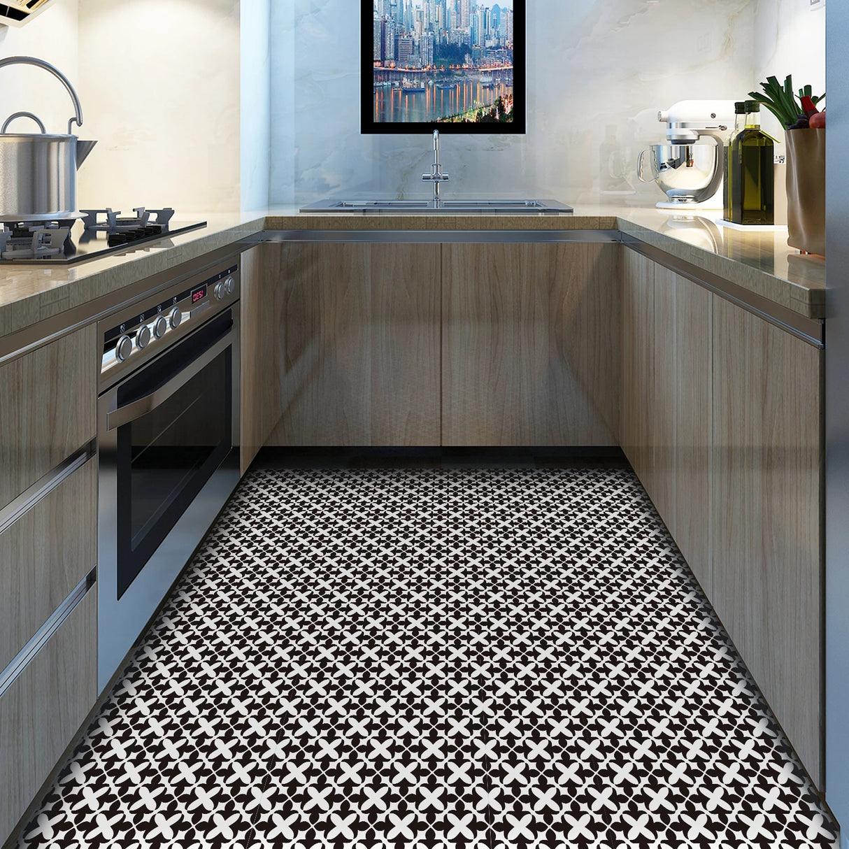 DIYフロアシート モダン柄タイル風 ステッカー 幅20cm x 300cm リフォーム