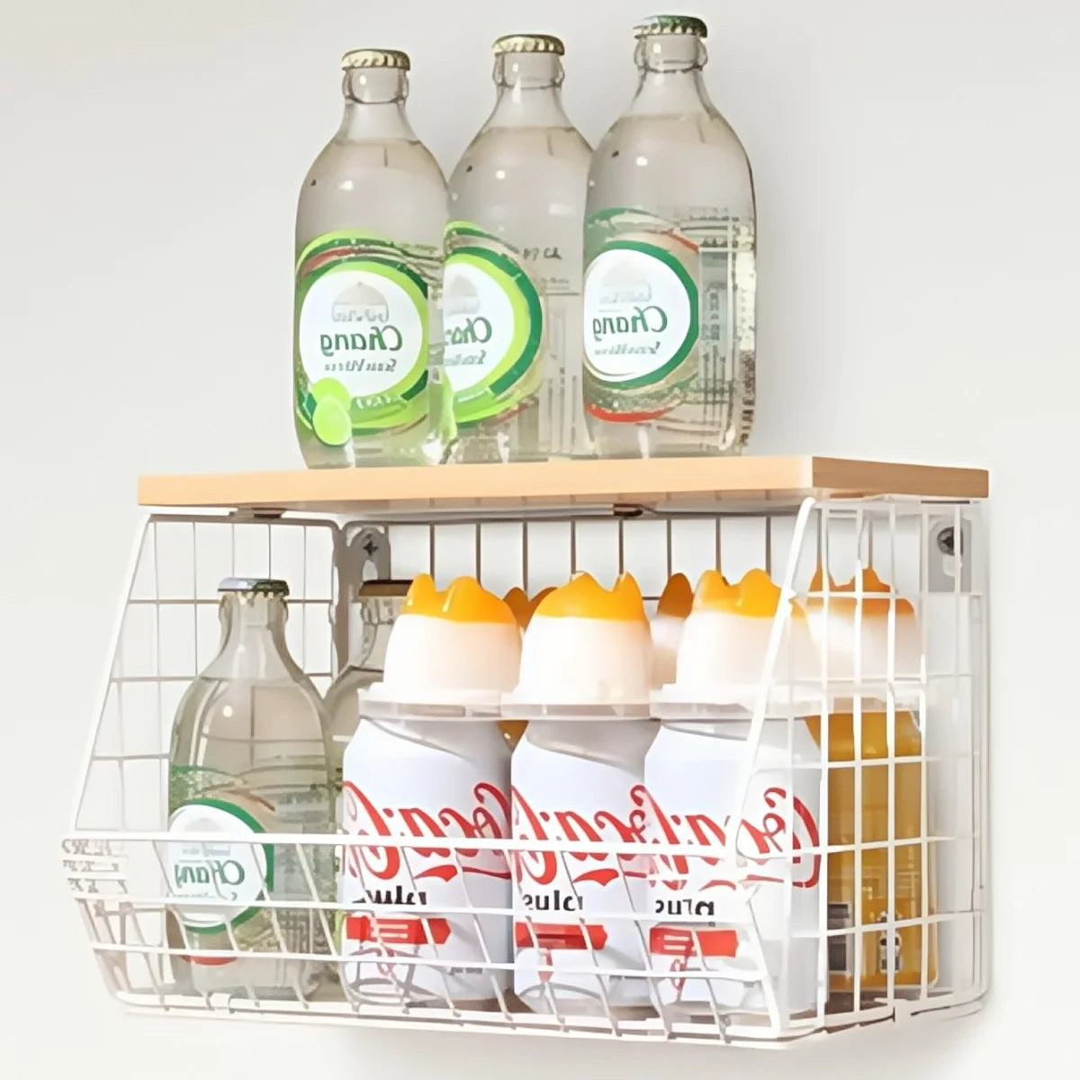 木製蓋付きワイヤーバスケット収納