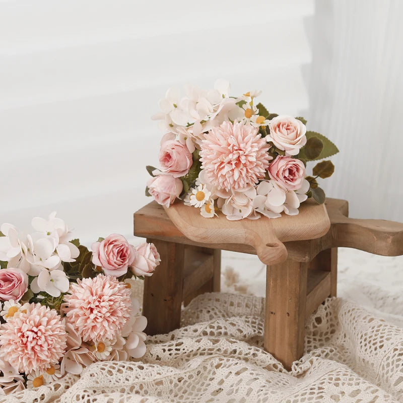 パーティー・インテリア装飾|シルク造花ローズ・ひまわり・アジサイセット(長さ約30㎝)