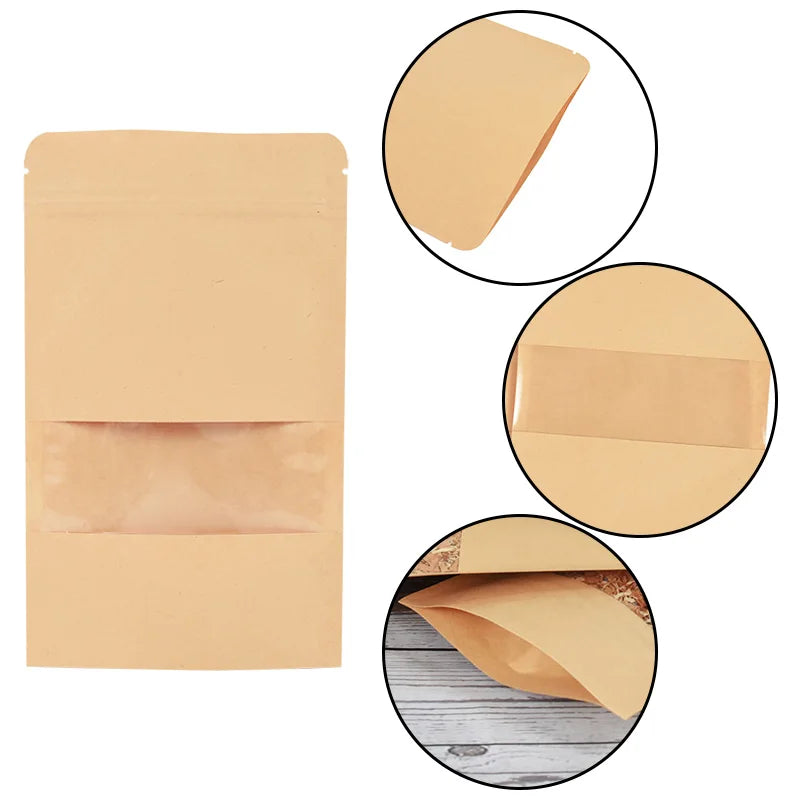 |ノベルティ用品 |透明 窓・ジッパー付きクラフト紙袋 10個セット