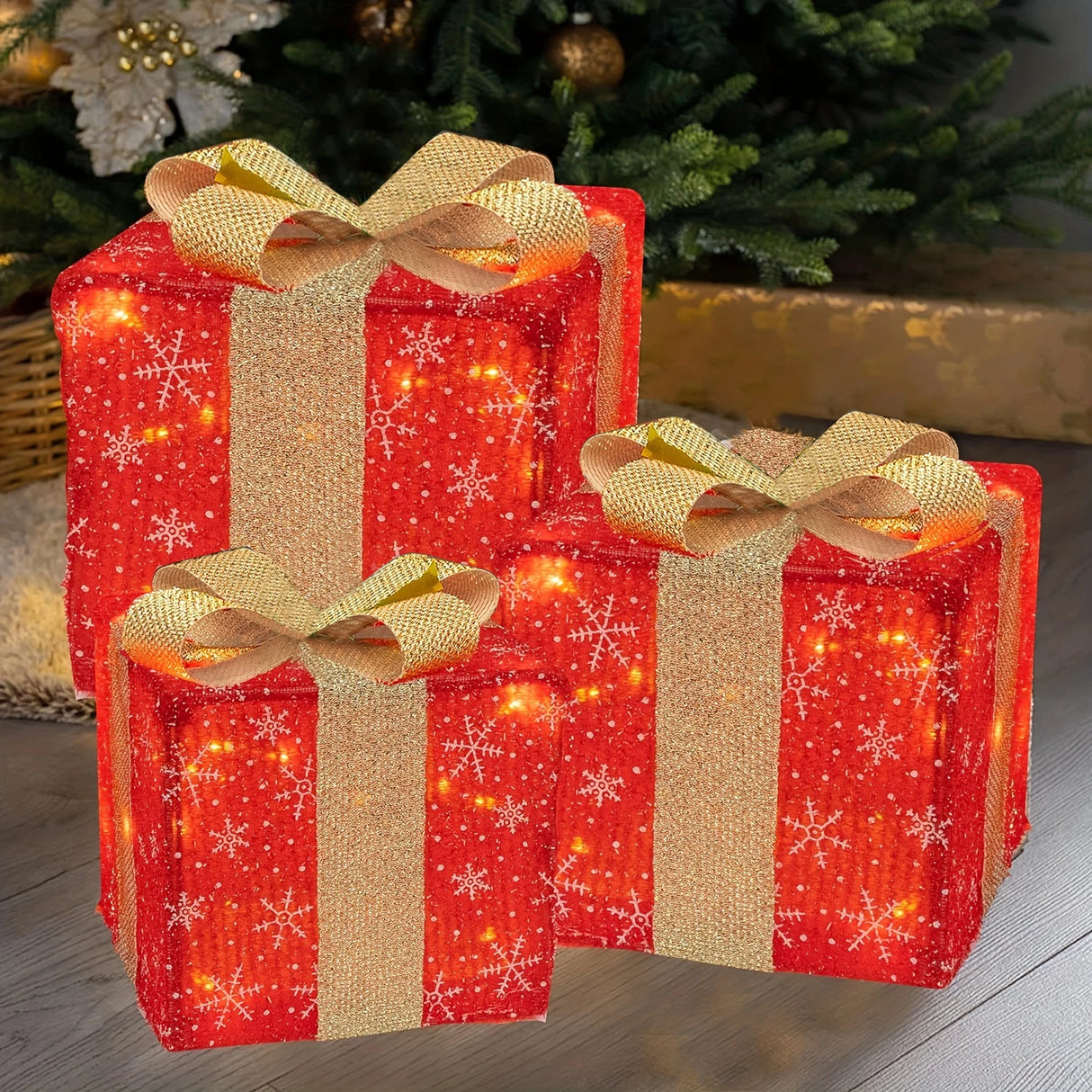 モチーフライト|イベント・クリスマス装飾|LEDリボン付きクリスマスギフトボックス(3個セット)