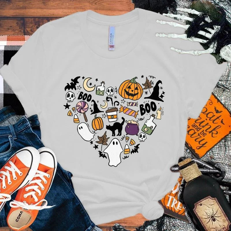 イベント・ハロウィングッズ|レディース パンプキンハート柄 Tシャツ(XS~4XL)