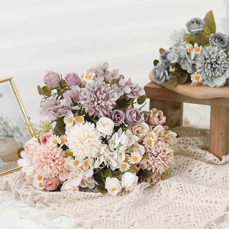 パーティー・インテリア装飾|シルク造花ローズ・ひまわり・アジサイセット(長さ約30㎝)