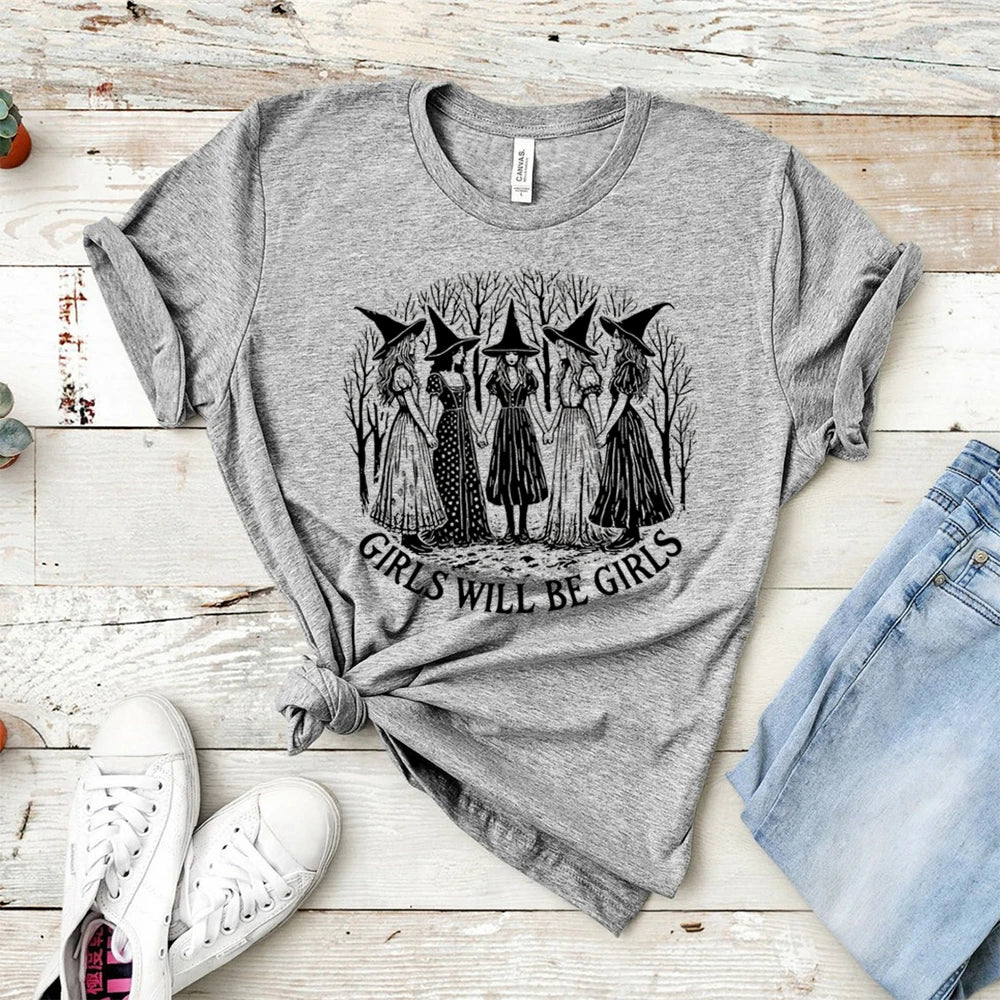 イベント・ハロウィングッズ|レディース ハロウィンヴィンテージ魔女柄 Tシャツ(S~3XL)