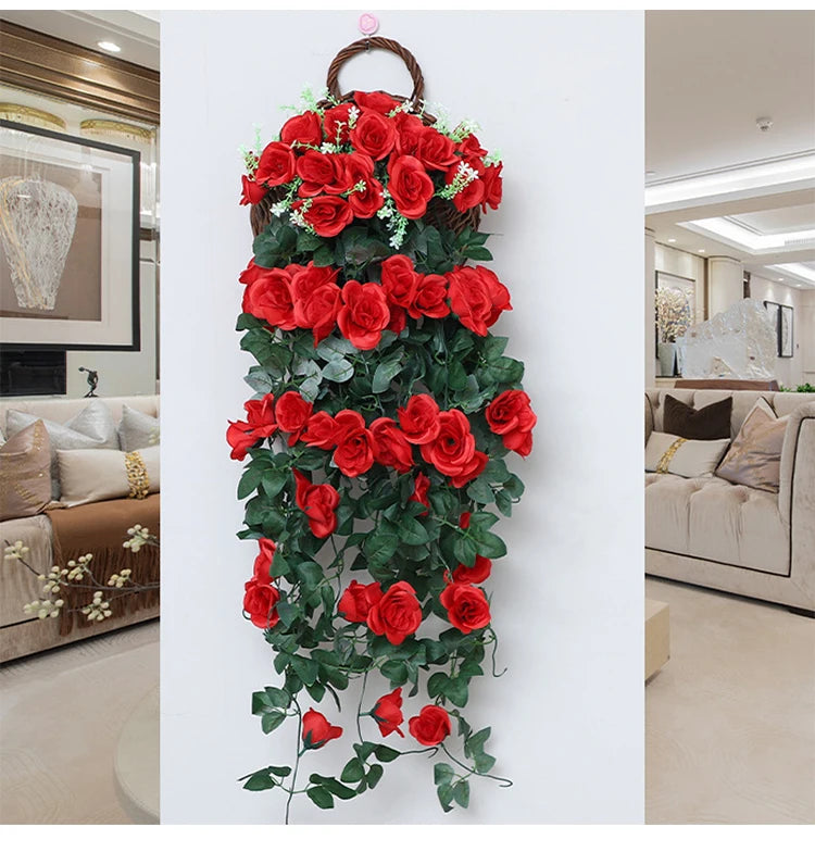 造花ハンギングローズ&アイビー壁掛け